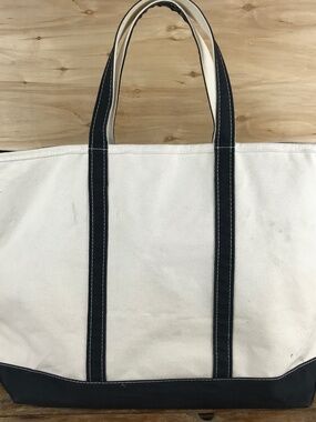 Vintage LL Bean Boat & Tote Canvas Bag White Navy Blue Handles Zip X Large USA